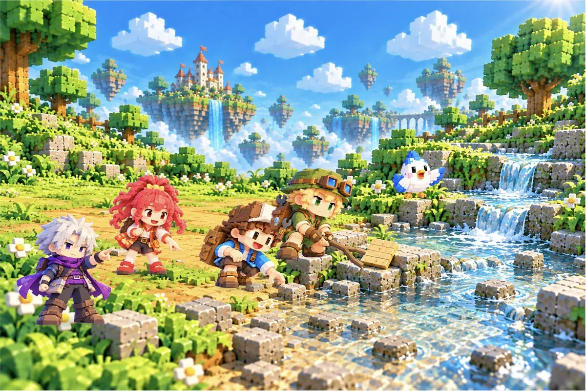 しゃがんだタクミが、先の分かれた枝で水ぎわの木の札を引き寄せている。そばでソラがしゃがみ、アカリとレイが指さし、ルウが上から見ている