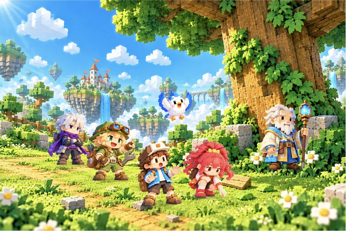 木の下の草の上に落ちた木の札へ、しゃがんだアカリが手をのばす。ソラ、タクミ、レイ、シンが集まり、ルウがよろこんでいる