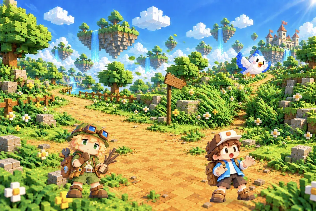 分かれ道の札が風でくるりと回ってしまい、タクミが考えこみ、ソラがおどろく