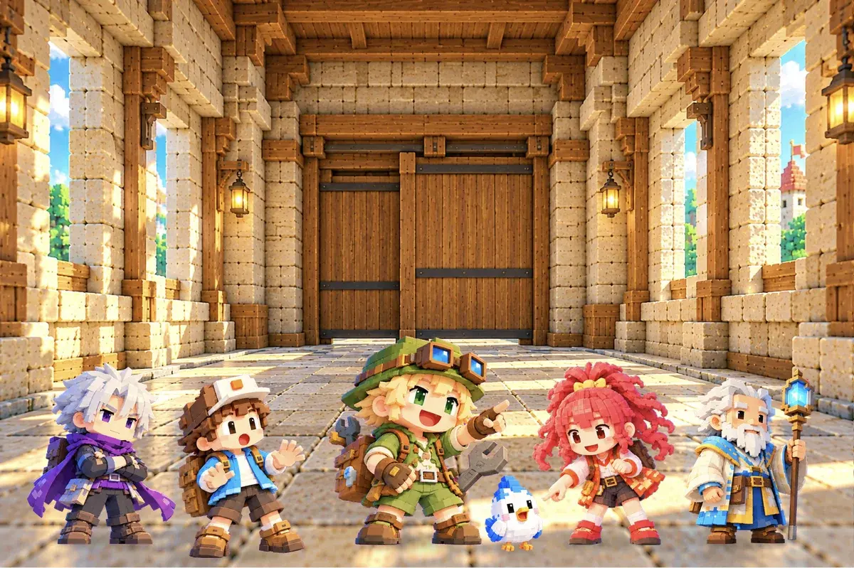 タクミが、二まいの戸が重なっていることに気づいて指さす